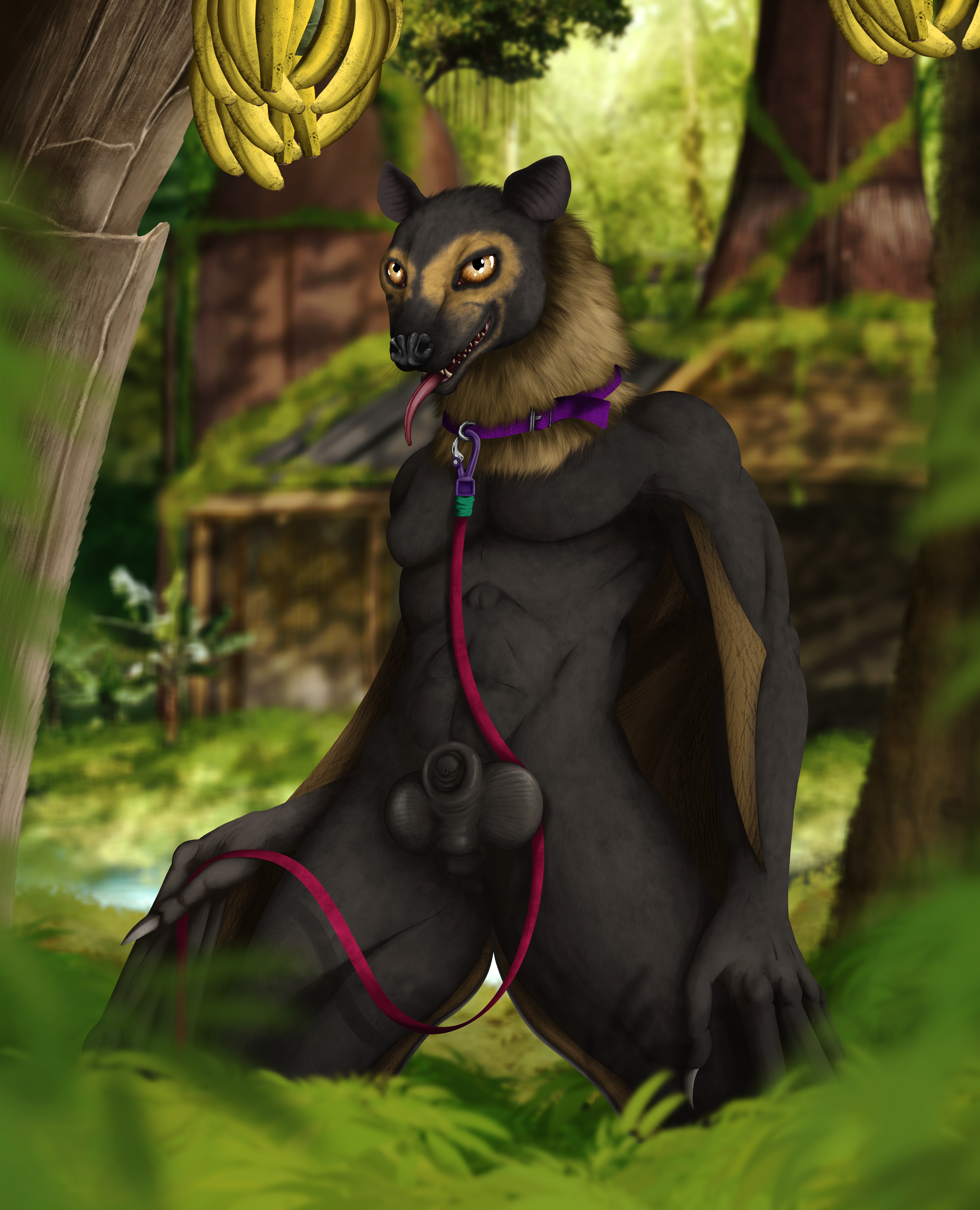 An nude anthro bat site seductivly with a leash and collar, looking back at the viewer. There are jungle huts in the background and banana trees.