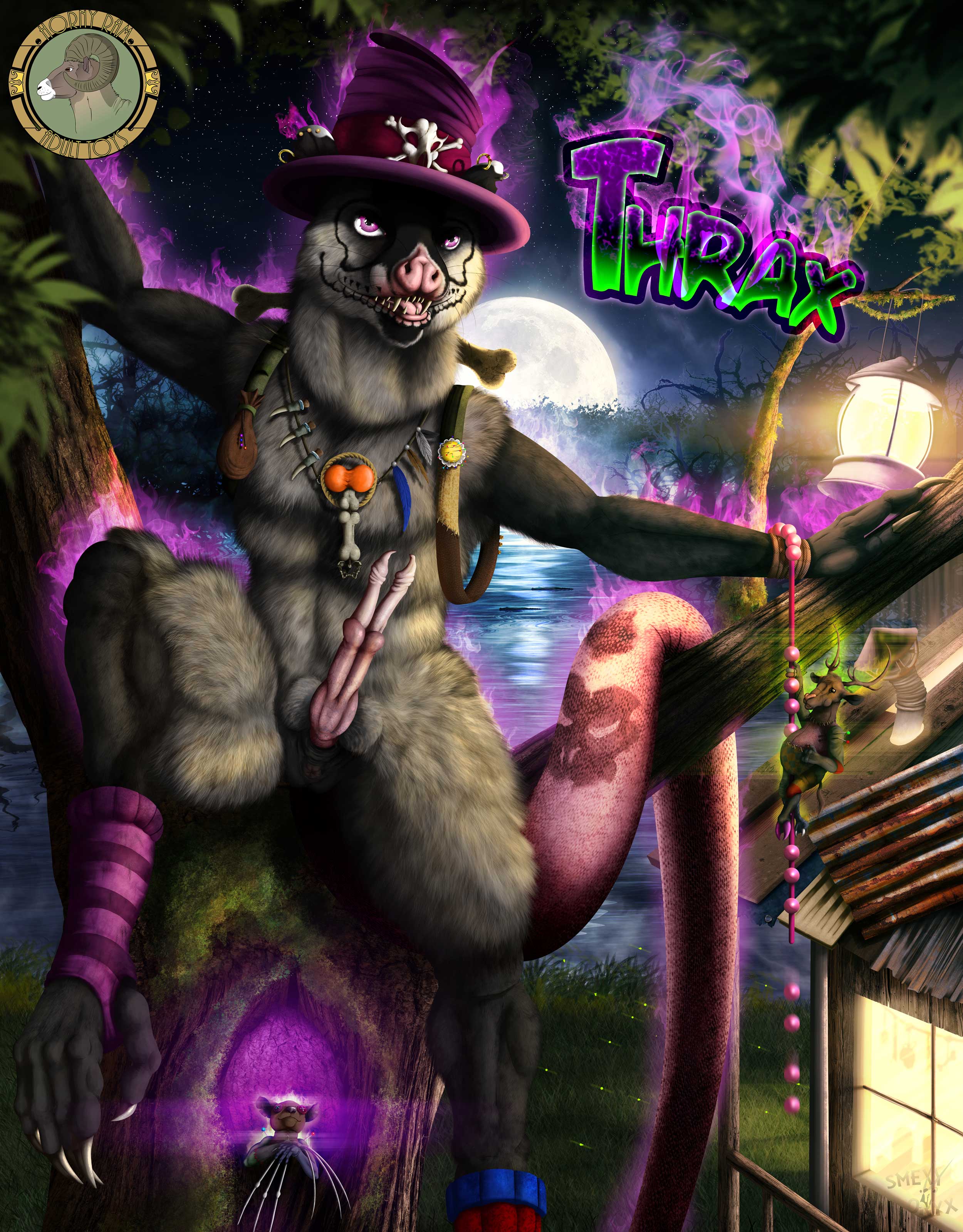'Thrax', an Anthropomorphic opossum sitting seductively on a tree branch, depicted with a sinister expression, an erection, and is surrounded by a purple haze in a nocturnal swamp background.