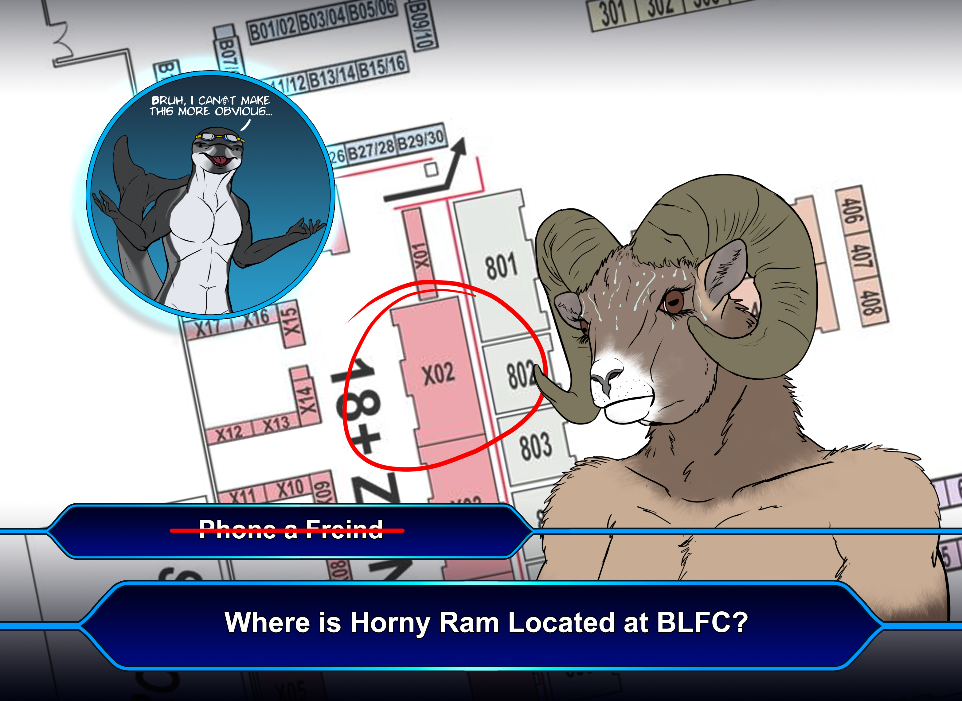 The location of the Horny Ram Adult Toys booth being shown as 'X2' on a floor map for Biggest Little Fur Con 2025.