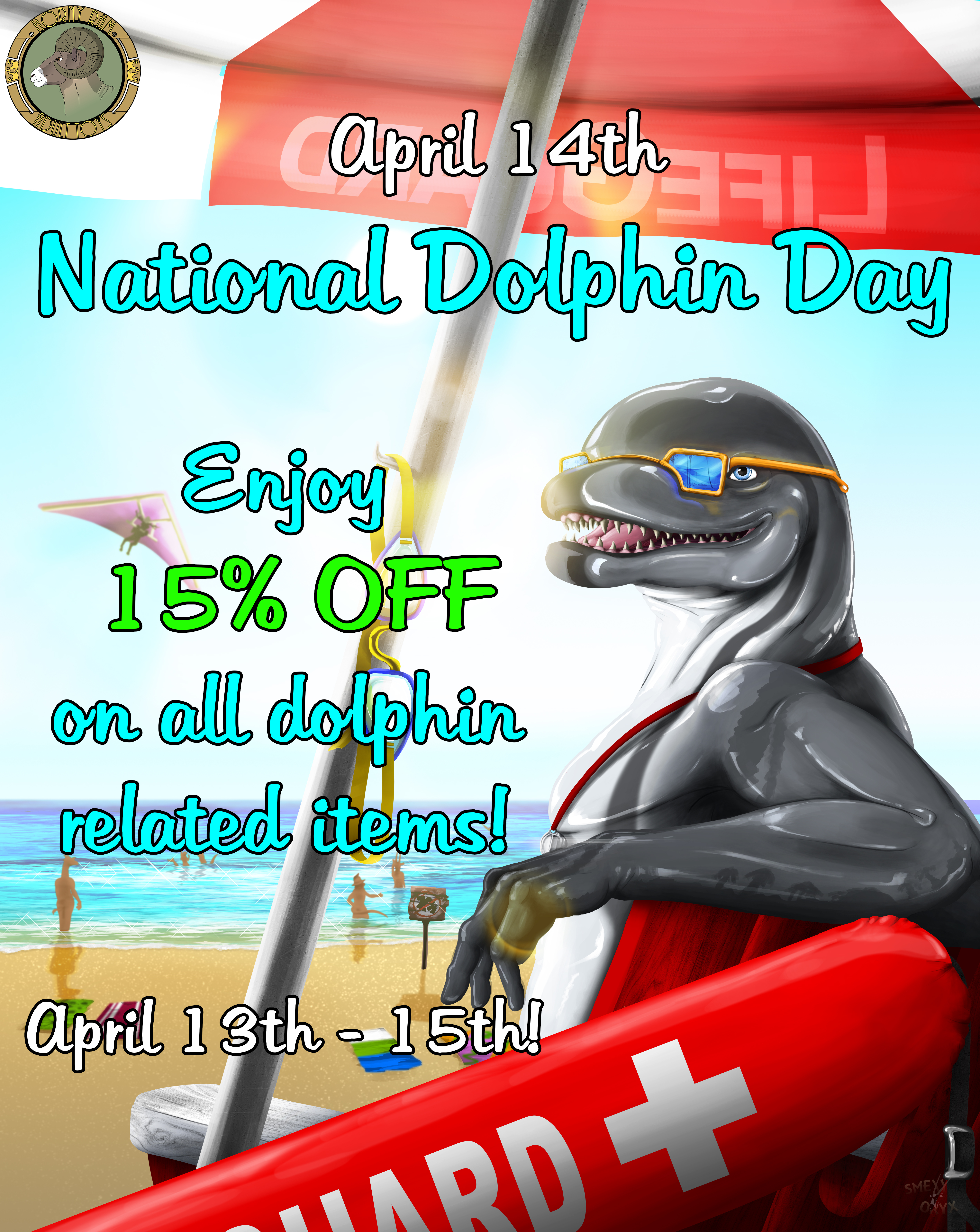 An anthro dolphin sits under a lifeguard umbrella on a beach, looking back at the viewer. There are several other silhouettes of other characters in the background and in the water.