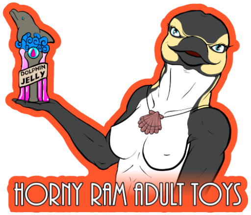 An anthropomorphic female dolphin is looking at the viewer while holding a decorative container with the label 'Dolphin Jelly'. The caption at the bottom of the sticker reads 'Horny Ram Adult Toys.'